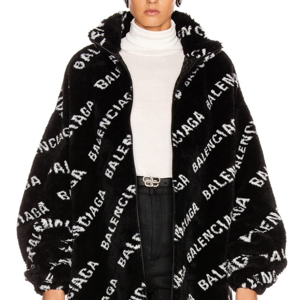 Balenciaga Fleece Jacket Fur Coat Faux Fur Stand Collar Logo Coat 100% Authentic - Picture 10 of 16